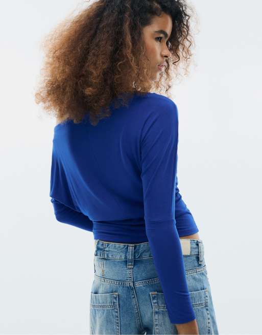 Stradivarius – Blå asymmetrisk t-shirt i modal, 3 av 7