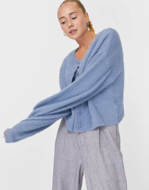 Stradivarius – Blå kofta i fluffig stickning, del av set