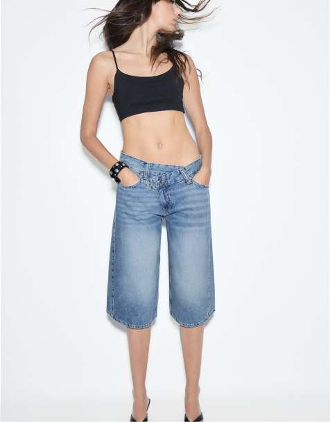 Stradivarius – Blå, överfärgade bermudashorts i denim med korsad midja - view 1