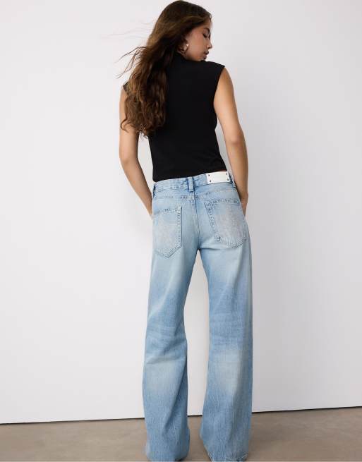 Stradivarius – Blå, överfärgade jeans med vida ben, låg midja och stjärndetalj, 3 av 4