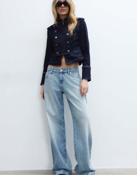 Stradivarius – Blå, överfärgade, raka jeans med låg midja och fickor med nitar - view 1