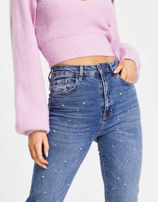 Stradivarius – Blå smala mom jeans med stretch och strass, 3 av 4