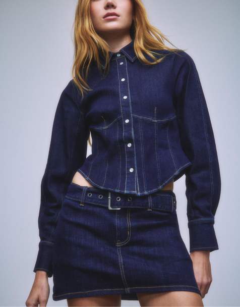 Stradivarius – Blå, tvättad jeansskort med skärp - view 1