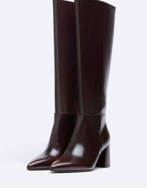 Stradivarius Black block heel high boots in brown, 4 of 7