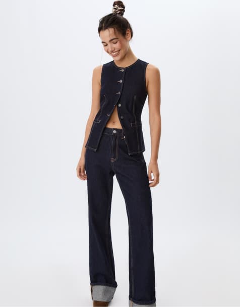 Stradivarius – Blåtonad jeanstopp med knäppning - view 1