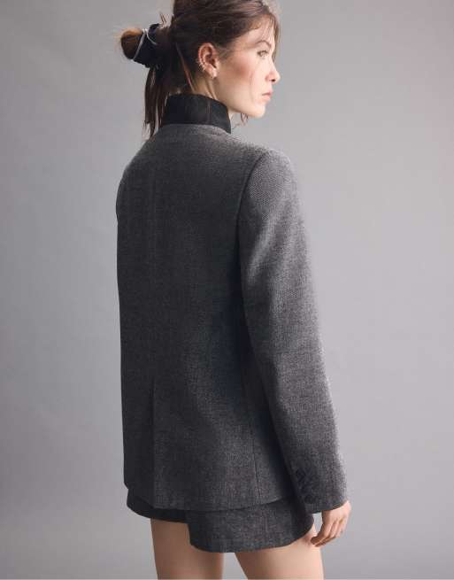 Stradivarius blazer asimmetrico in lana grigio scuro, 3 di 5