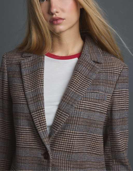Stradivarius blazer basic in misto lana marrone, 4 di 7