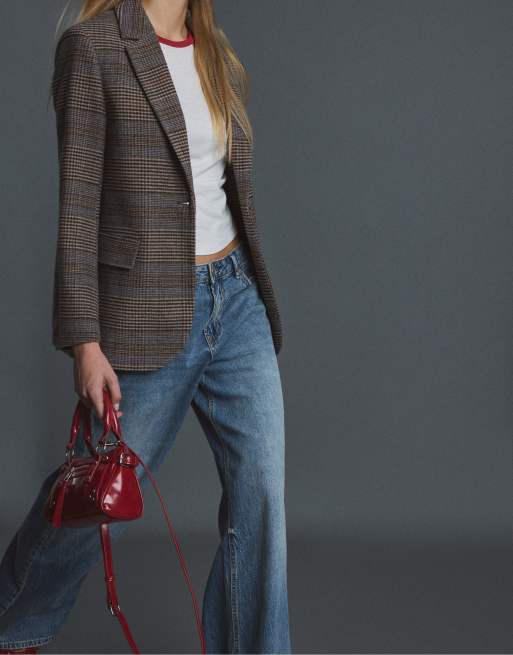 Stradivarius blazer basic in misto lana marrone, 5 di 7