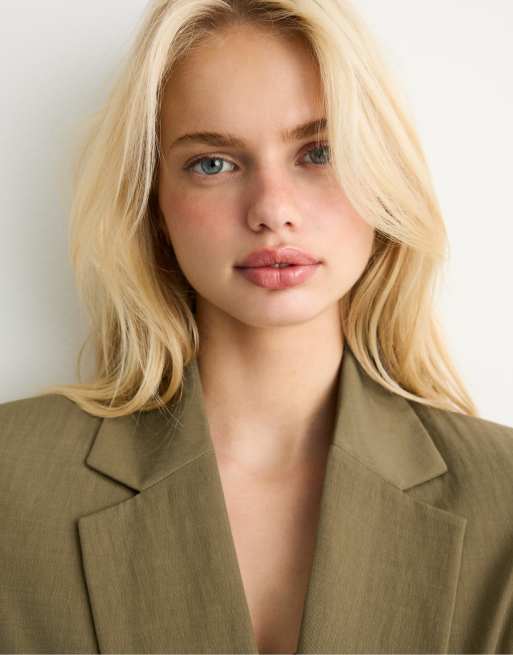 Stradivarius - Blazer basique style rustique - Vert olive, 4 de 4
