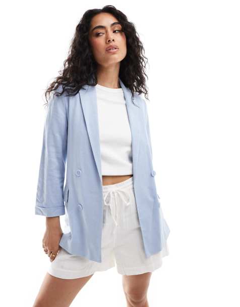 Stradivarius - Blazer blu oversize effetto lino - view 1