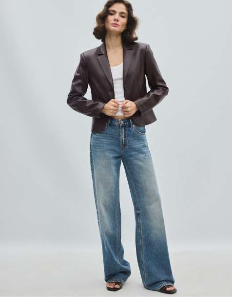 Stradivarius blazer corto aderente effetto pelle marrone - view 1