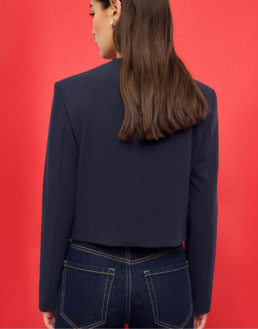 Stradivarius - Blazer court à col rond - Bleu marine, 2 de 4