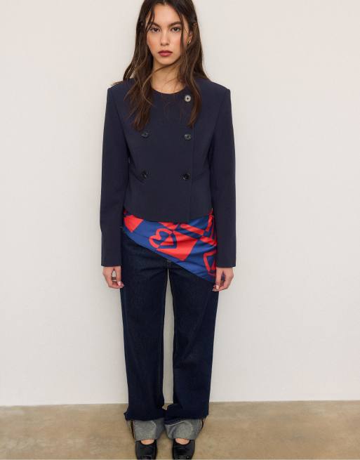 Stradivarius - Blazer court à col rond - Bleu marine, 4 de 4