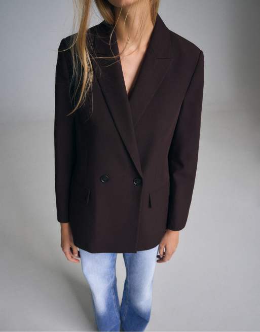 Stradivarius blazer dritto abbottonato marrone, 2 di 7