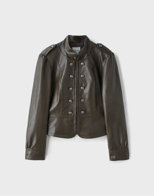 Stradivarius blazer effetto pelle con bottoni incisi color kaki, 6 di 7