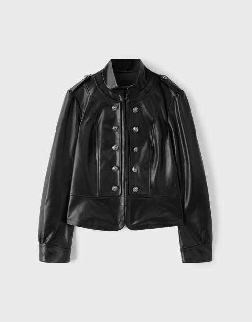 Stradivarius blazer effetto pelle con bottoni incisi nero, 6 di 7