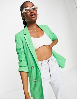 Stradivarius – Blazer in grüner Leinenoptik