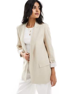 Stradivarius - Blazer in naturfarbener Leinenoptik-Neutral