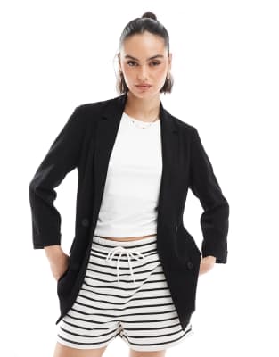 Stradivarius - Blazer in schwarzer Leinenoptik
