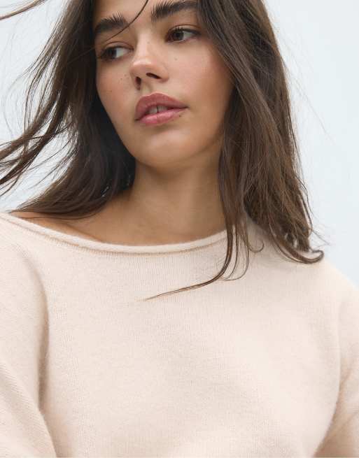 Stradivarius blød striktrøje med taljebånd i creme, 4 af 7