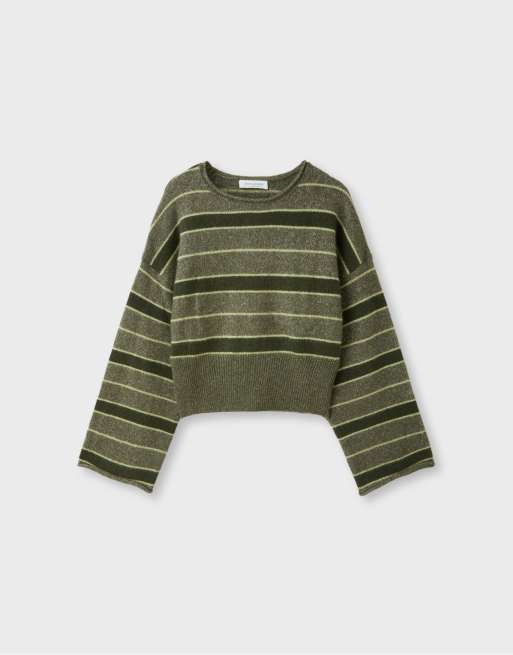 Stradivarius blød striktrøje med taljebånd i khaki, 6 af 7