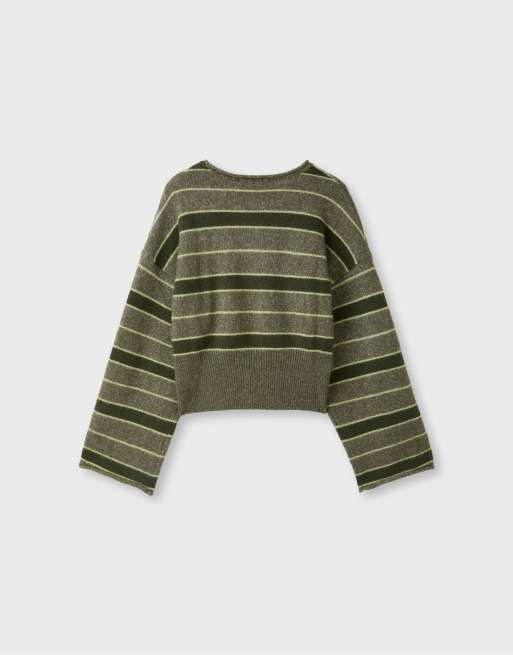 Stradivarius blød striktrøje med taljebånd i khaki, 7 af 7