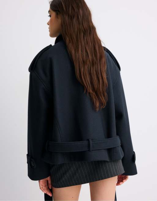 Stradivarius blød trenchcoat i oversized pasform i mørkeblå, 3 af 7