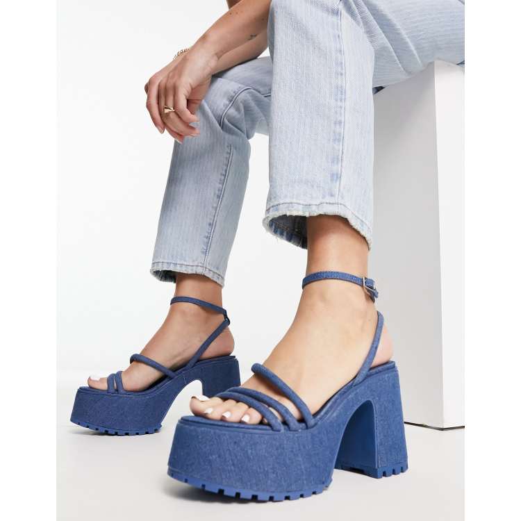 Stradivarius block heel strappy platform in denim ASOS