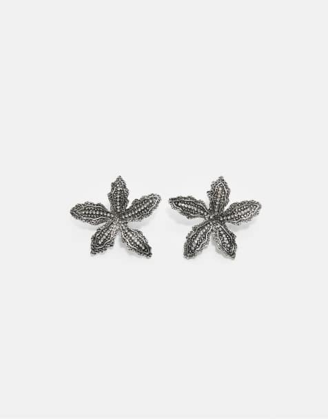 Stradivarius - Bloemvormige oorbellen met strass in grijs - view 1
