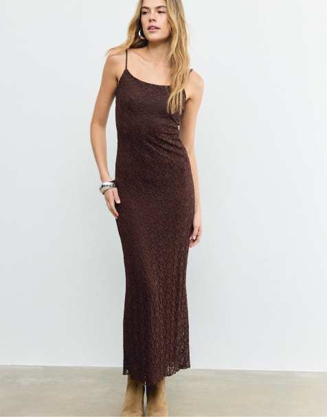 Stradivarius Blonde lace strappy midi dress in brown - view 1