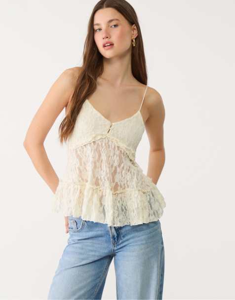 Stradivarius blonde lace top with straps in ecru - view 1