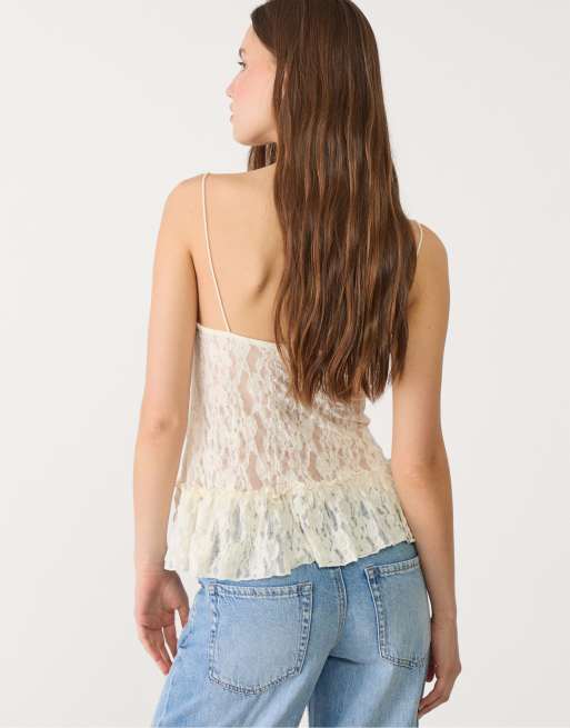 Stradivarius - Blonde - Top in pizzo écru con spalline sottili, 4 di 4