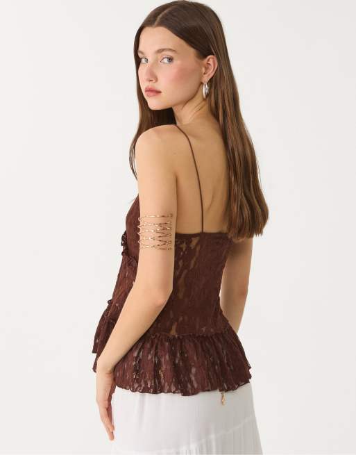 Stradivarius - Blonde - Top in pizzo marrone con spalline sottili, 3 di 4