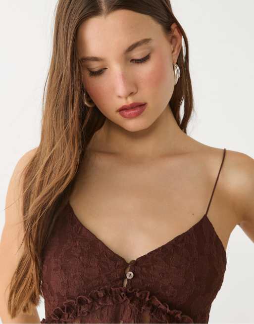 Stradivarius - Blonde - Top in pizzo marrone con spalline sottili, 4 di 4