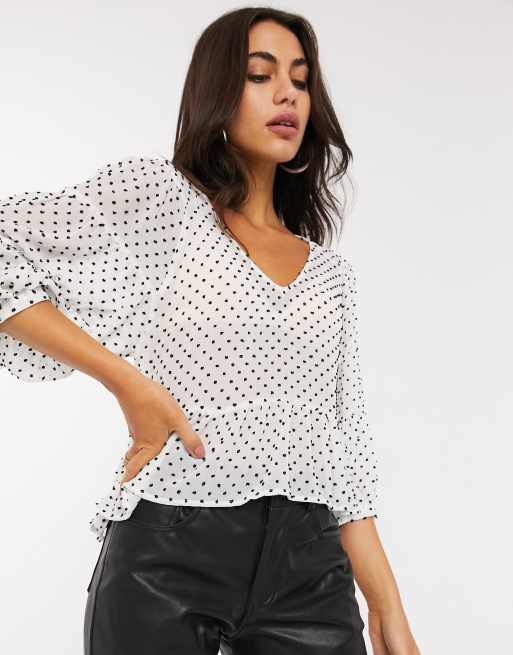 Stradivarius - Blouse à basque et à pois - Blanc, 3 de 4