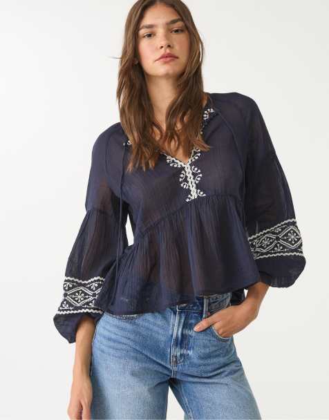 Stradivarius - Blouse à broderies - Bleu marine - view 1