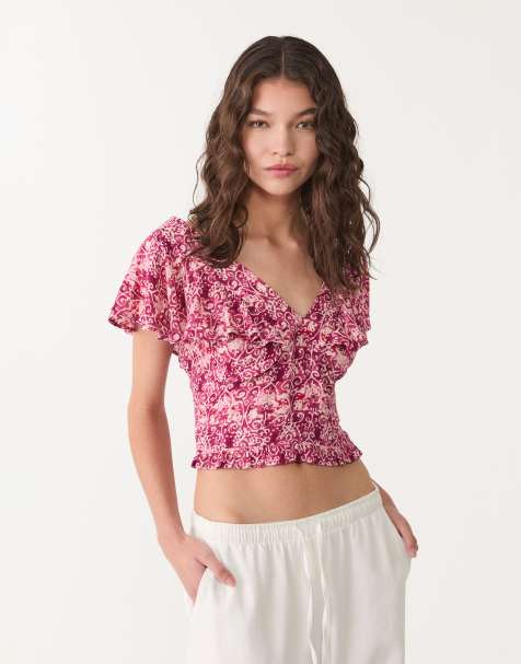 Stradivarius - Blouse à manches courtes avec volants et imprimé cachemire - Rose - view 1