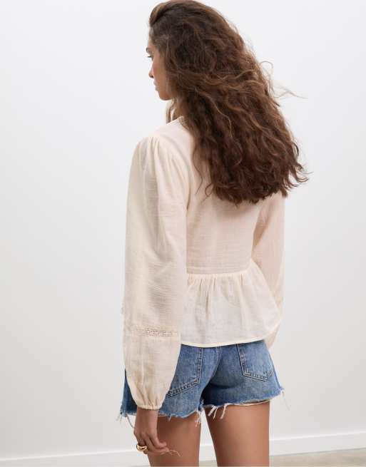 Stradivarius - Blouse ample brodée à nœuds - Écru, 3 de 4