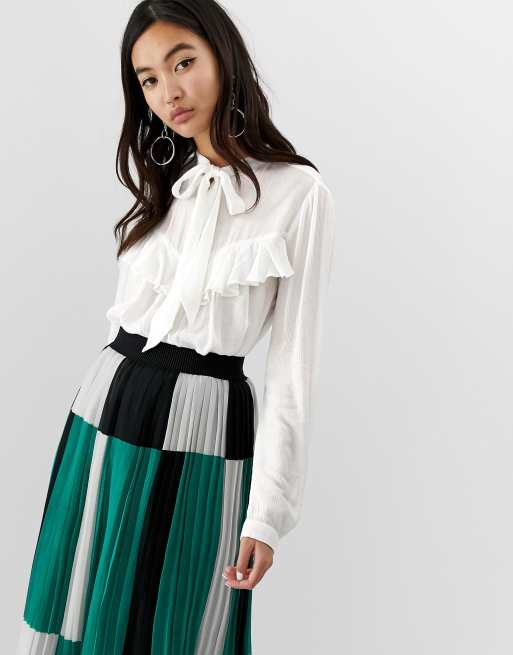 Stradivarius - Blouse met strik en ruches in wit