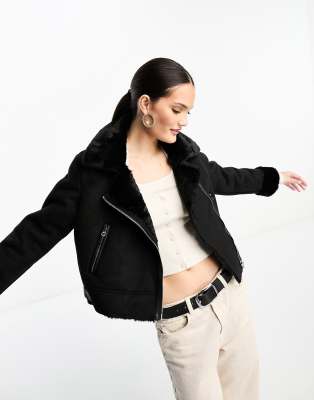 Stradivarius cropped aviator jacket in black  - ASOS Price Checker