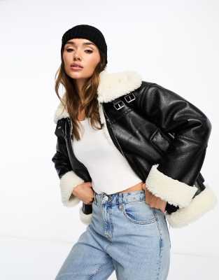 Stradivarius oversized aviator jacket with contrast collar in black  - ASOS Price Checker