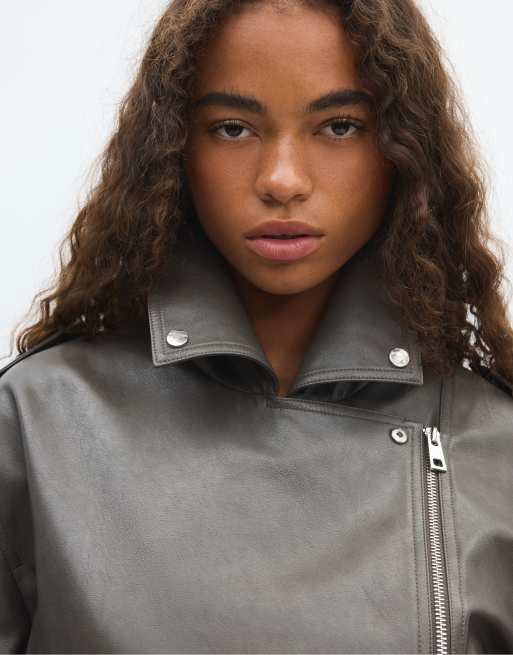 Stradivarius blouson style motard ceinturé gris foncé, 4 de 7