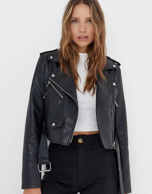 Stradivarius Blouson style motard en imitation cuir Noir ASOS