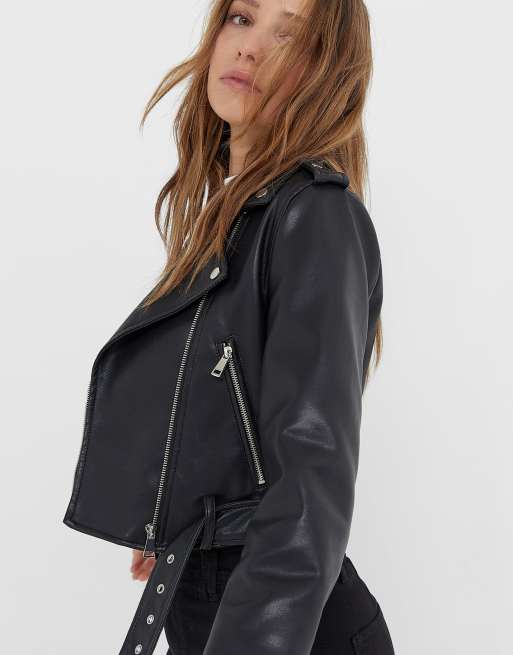 Stradivarius Blouson style motard en imitation cuir Noir ASOS