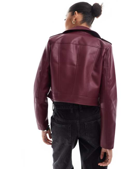 Stradivarius - Blouson style motard en PU avec boucles - Bordeaux, 3 de 4