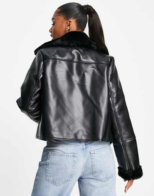 Stradivarius Blouson style motard imitation cuir avec finitions en fausse fourrure noir