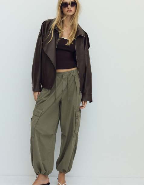 Stradivarius blouson style motard oversize en imitation cuir marron - view 1