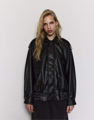 Stradivarius - Blouson style motard oversize en similicuir - Noir