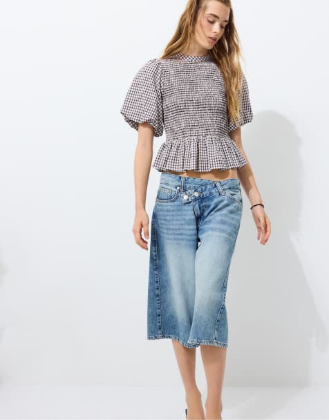 Stradivarius blus med korta ärmar och peplum i naturvit - view 1