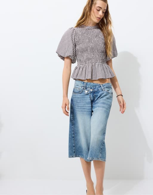 Stradivarius - Blusa a maniche corte con peplo color ecru